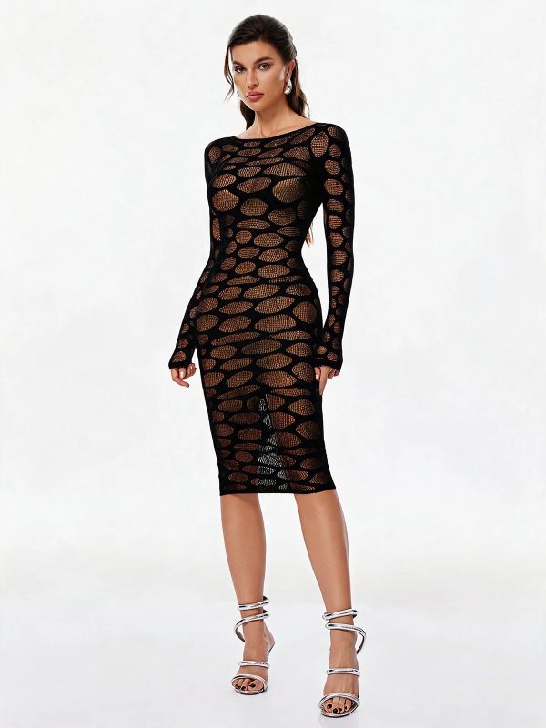 gertruda distressed fishnet midi dress in black 14