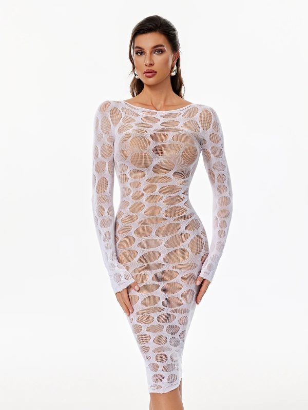 gertruda distressed fishnet midi dress in white 13