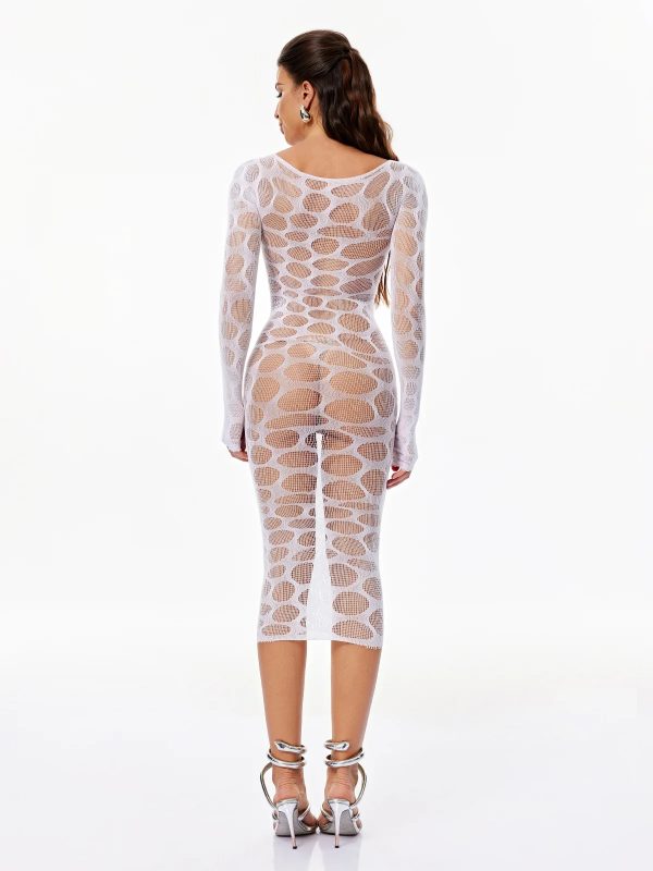 gertruda distressed fishnet midi dress in white 16