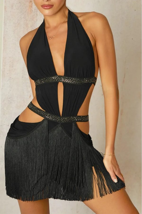 hevra halter neck cutout fringe mini dress in black 14