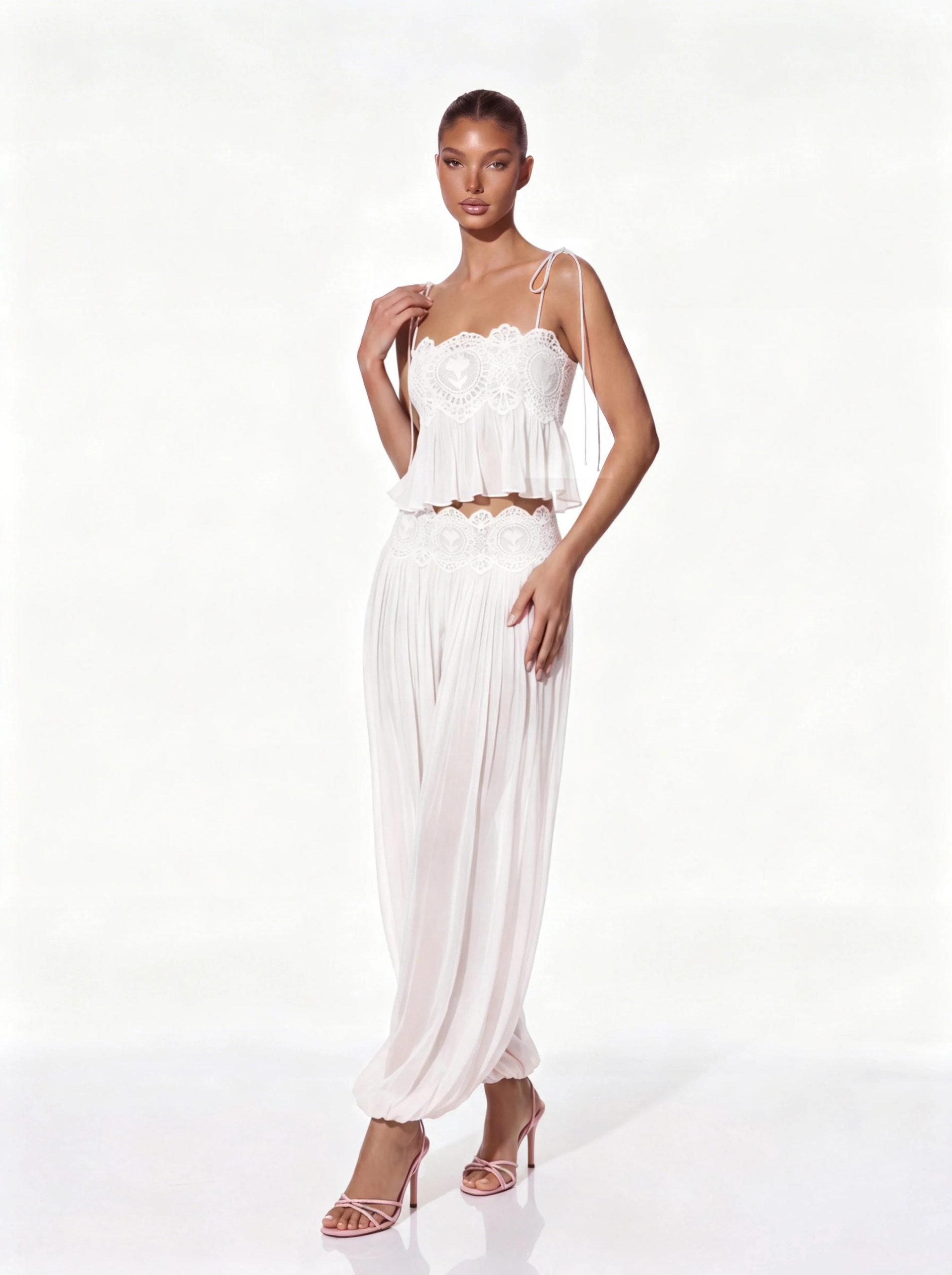 hyquorin spaghetti pleated pants set in white 11