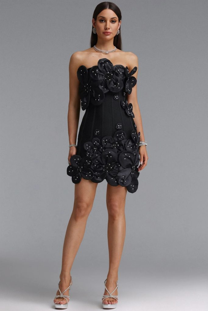 janneth strapless rhinestone floral mini bandage dress in black 11