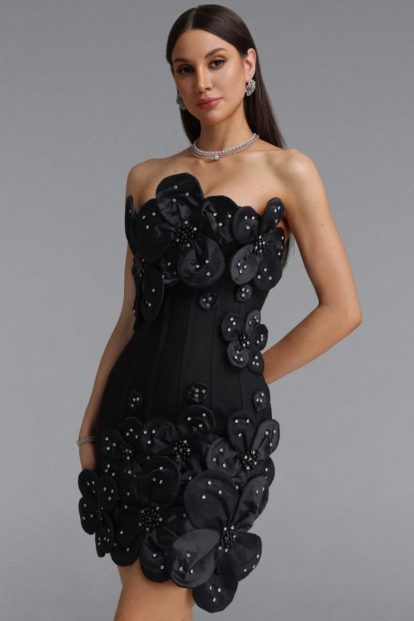 janneth strapless rhinestone floral mini bandage dress in black 14
