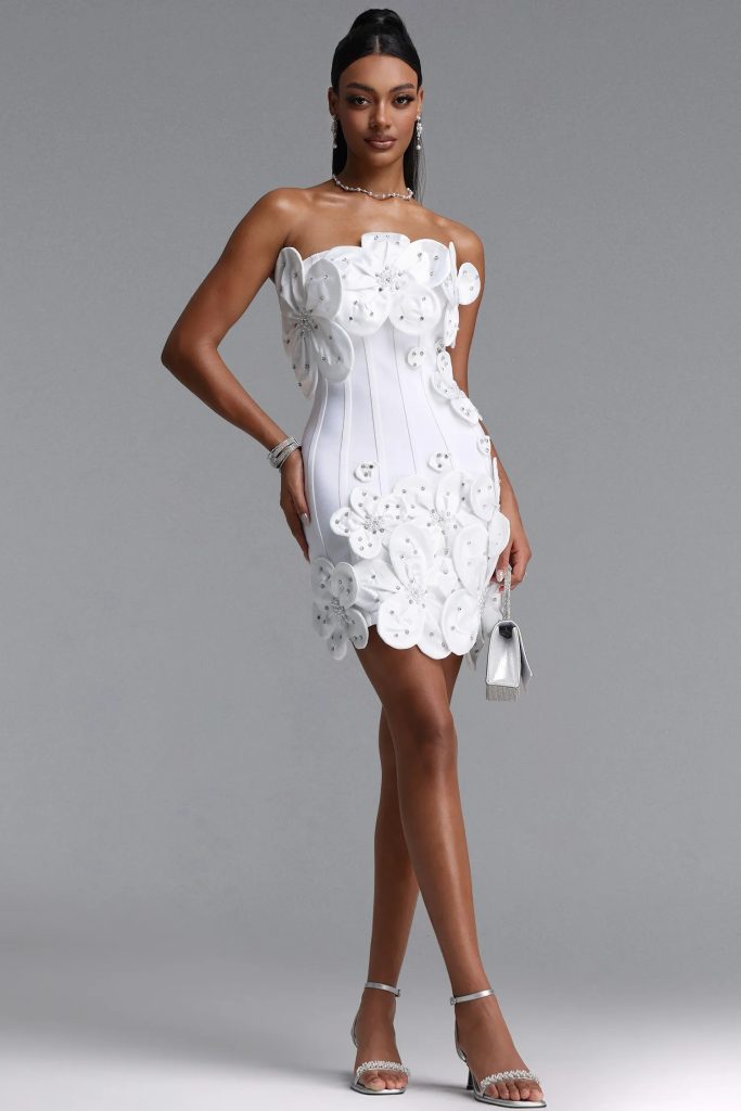 janneth strapless rhinestone floral mini bandage dress in white 11