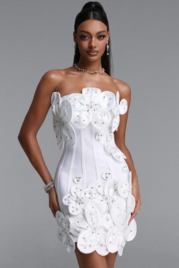 janneth strapless rhinestone floral mini bandage dress in white 12