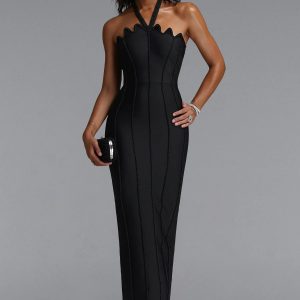 kalene halter scallop edge bead bandage maxi dress in black 11