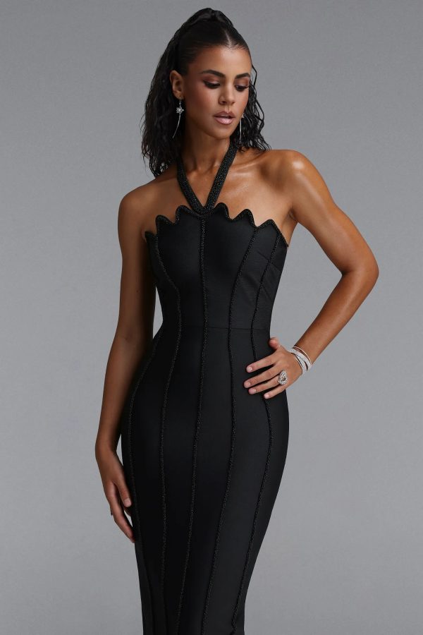 kalene halter scallop edge bead bandage maxi dress in black 12