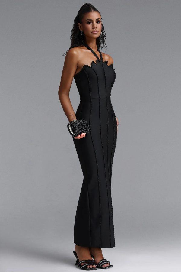 kalene halter scallop edge bead bandage maxi dress in black 15