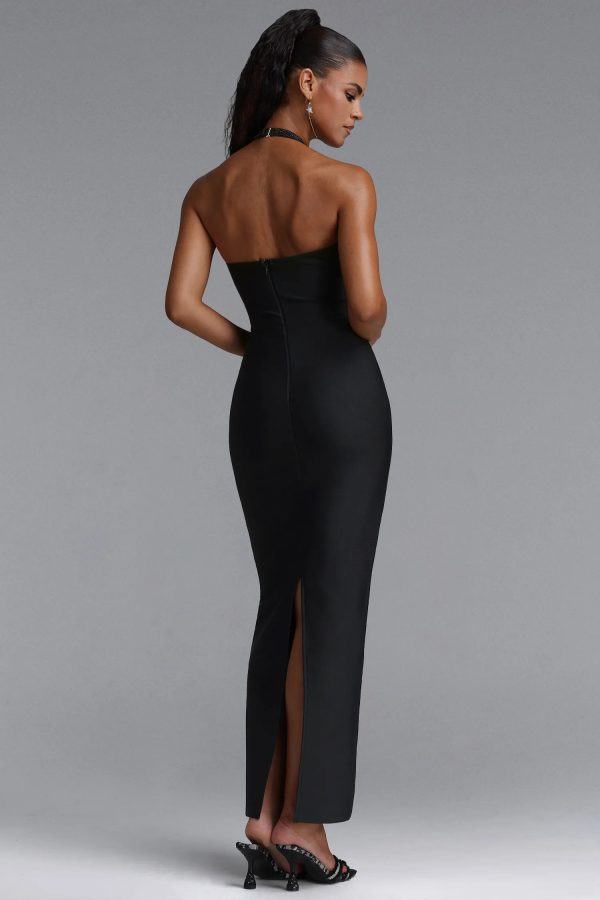 kalene halter scallop edge bead bandage maxi dress in black 16