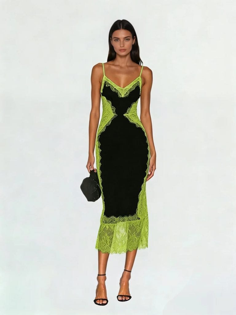 latham spaghetti lace midi dress in black & chartreuse 11