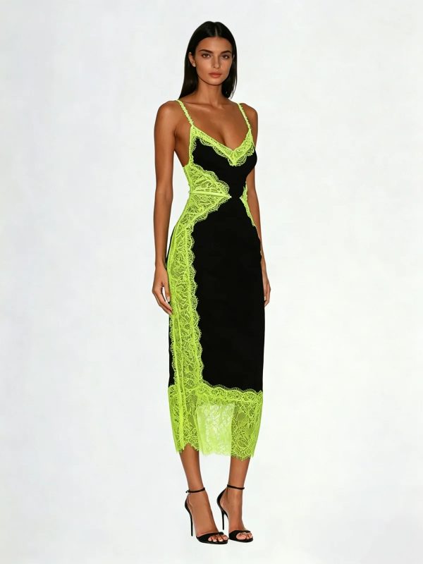 latham spaghetti lace midi dress in black & chartreuse 12