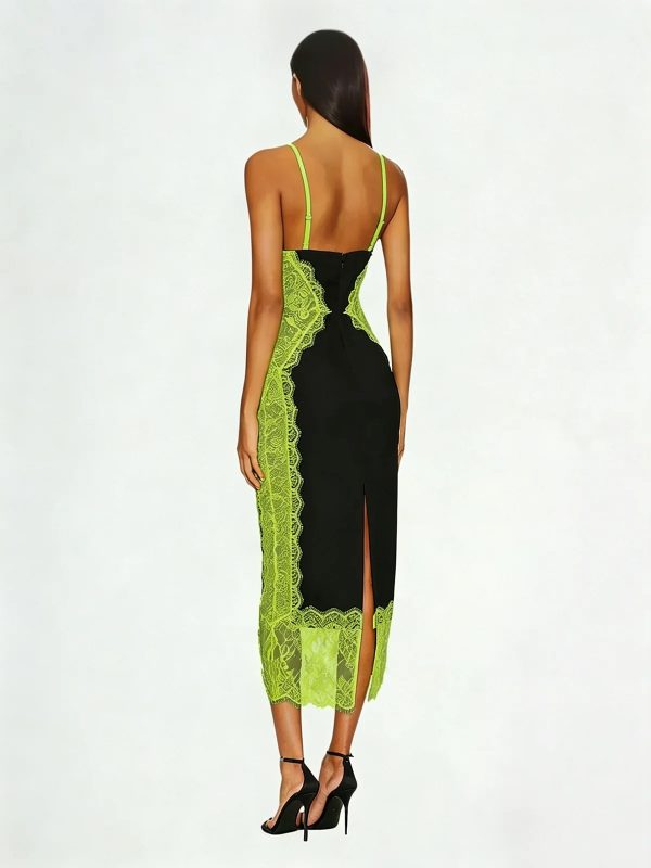 latham spaghetti lace midi dress in black & chartreuse 13