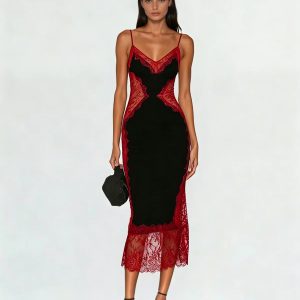 latham spaghetti lace midi dress in black & wine 11