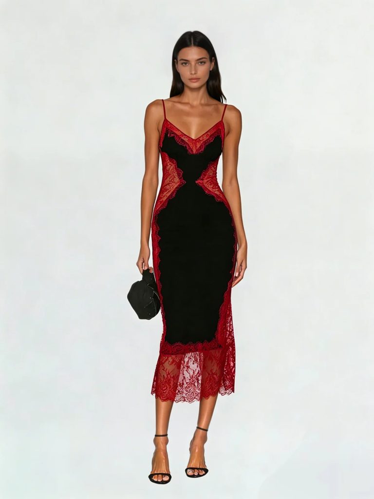 latham spaghetti lace midi dress in black & wine 11