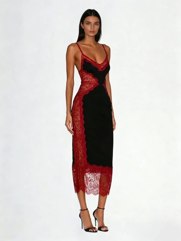 latham spaghetti lace midi dress in black & wine 12
