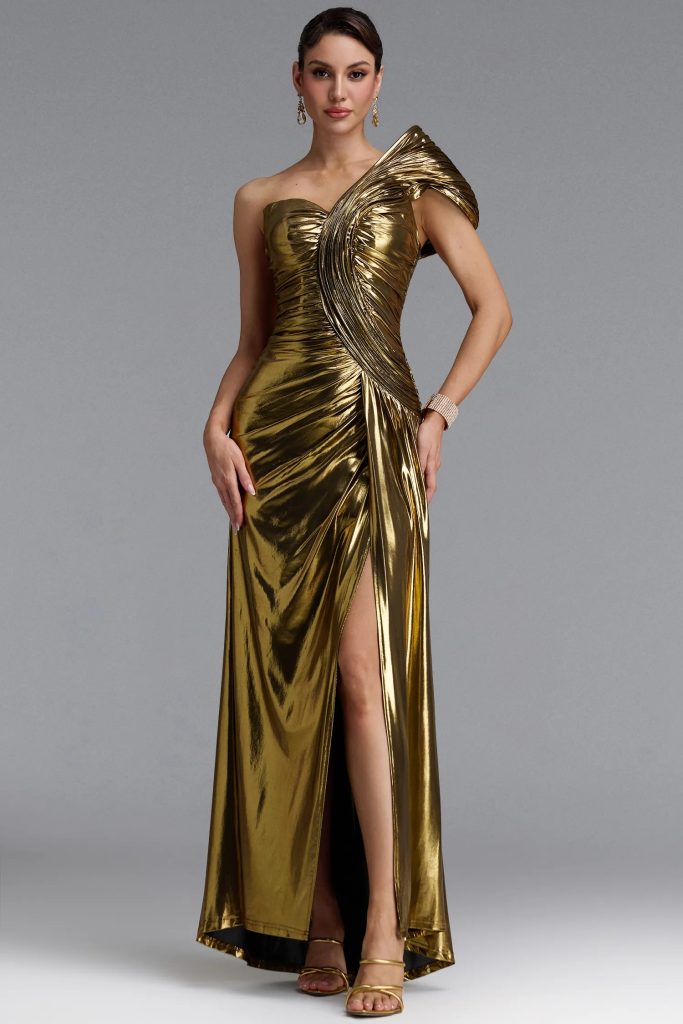 leha elegant metallic one shoulder maxi dress in gold 11