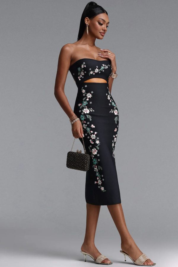 linka strapless floral embroidery cutout waist bandage midi dress 15