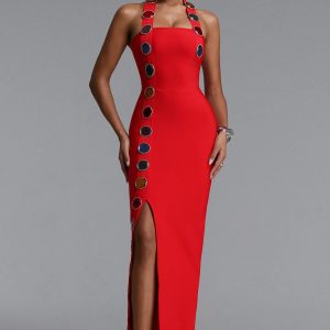 maksim halterneck diamond split bandage dress in red 11