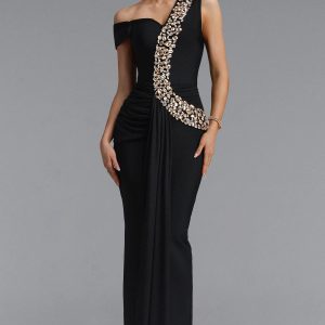 nevaeh rhinestone draped ruched bandage maxi dress in black 11