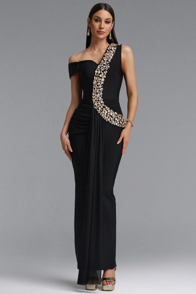 nevaeh rhinestone draped ruched bandage maxi dress in black 11