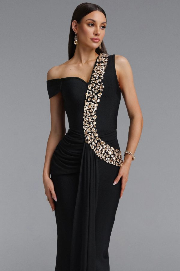 nevaeh rhinestone draped ruched bandage maxi dress in black 12