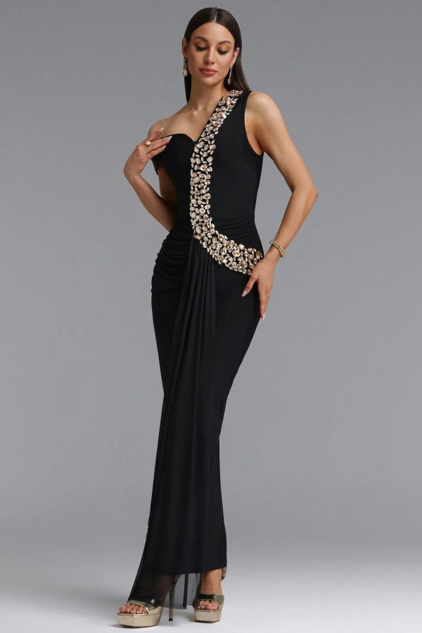 nevaeh rhinestone draped ruched bandage maxi dress in black 15