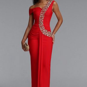 nevaeh rhinestone draped ruched bandage maxi dress in red 11