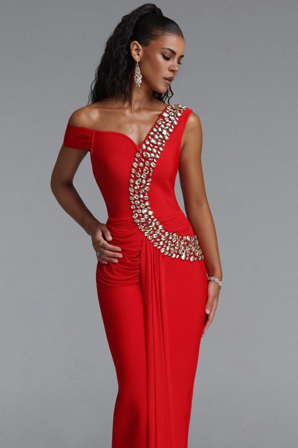 nevaeh rhinestone draped ruched bandage maxi dress in red 12