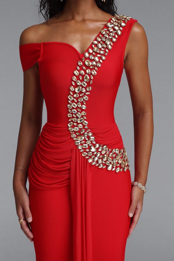 nevaeh rhinestone draped ruched bandage maxi dress in red 13