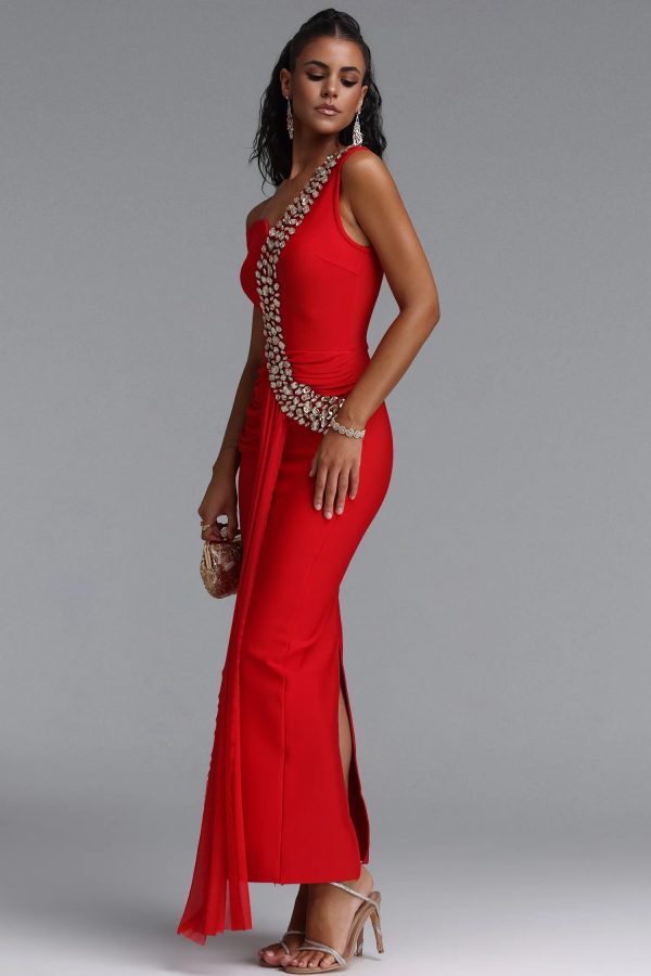 nevaeh rhinestone draped ruched bandage maxi dress in red 15