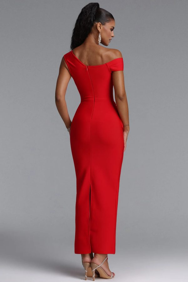 nevaeh rhinestone draped ruched bandage maxi dress in red 16
