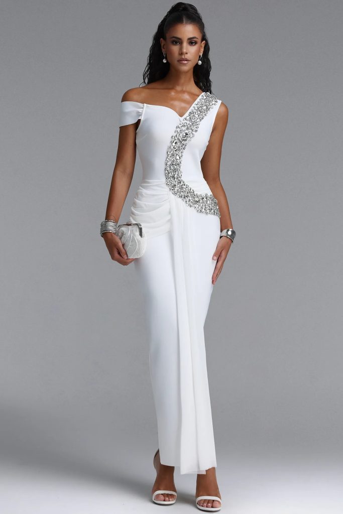 nevaeh rhinestone draped ruched bandage maxi dress in white 11