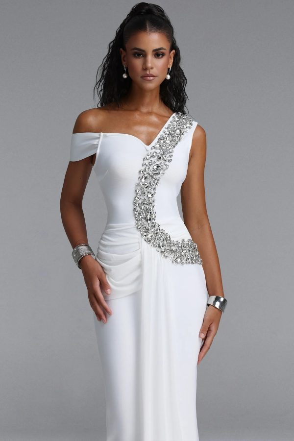 nevaeh rhinestone draped ruched bandage maxi dress in white 12