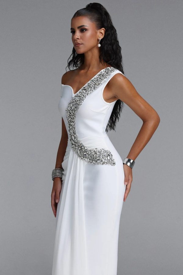 nevaeh rhinestone draped ruched bandage maxi dress in white 14