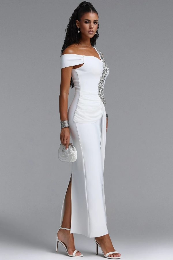 nevaeh rhinestone draped ruched bandage maxi dress in white 15