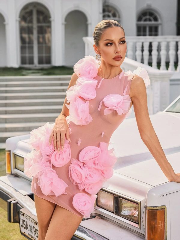 oryssa sleeveless flower mesh mini dress in pastel pink 12