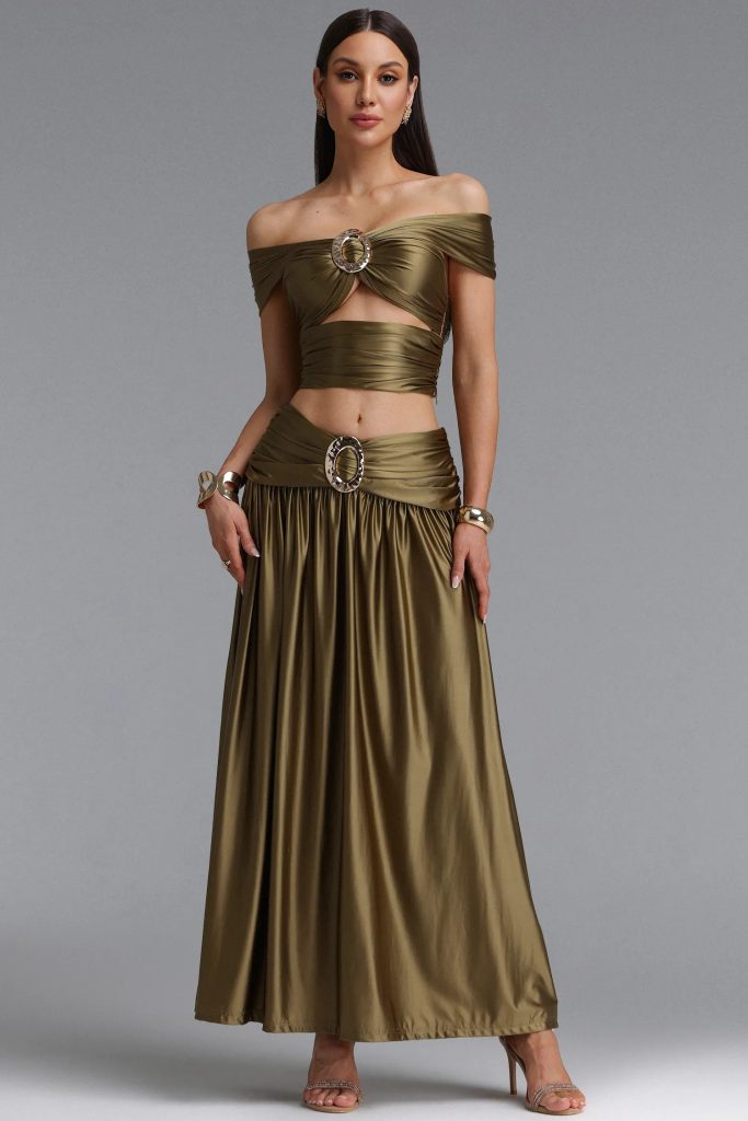 pravena off shoulder ruched skirt set in green 11
