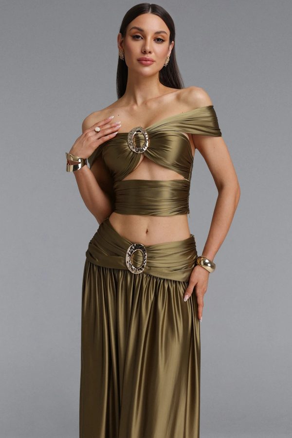 pravena off shoulder ruched skirt set in green 12