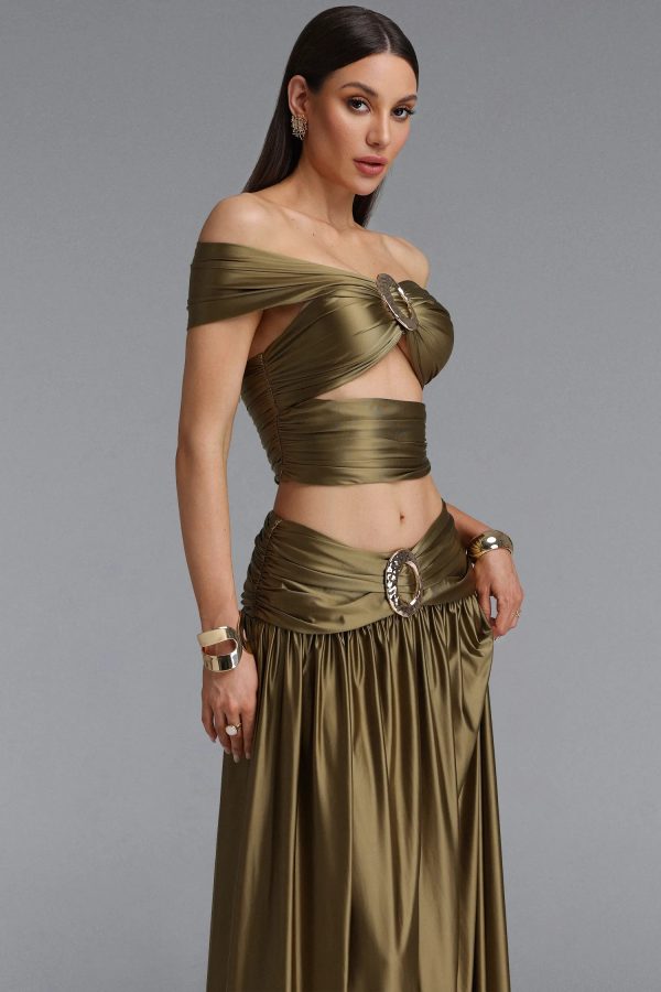 pravena off shoulder ruched skirt set in green 14