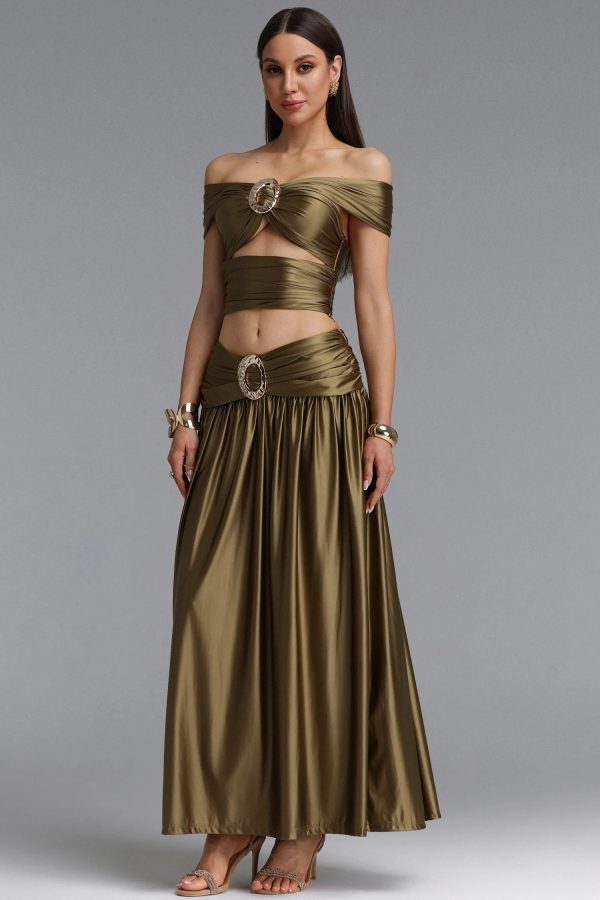 pravena off shoulder ruched skirt set in green 15