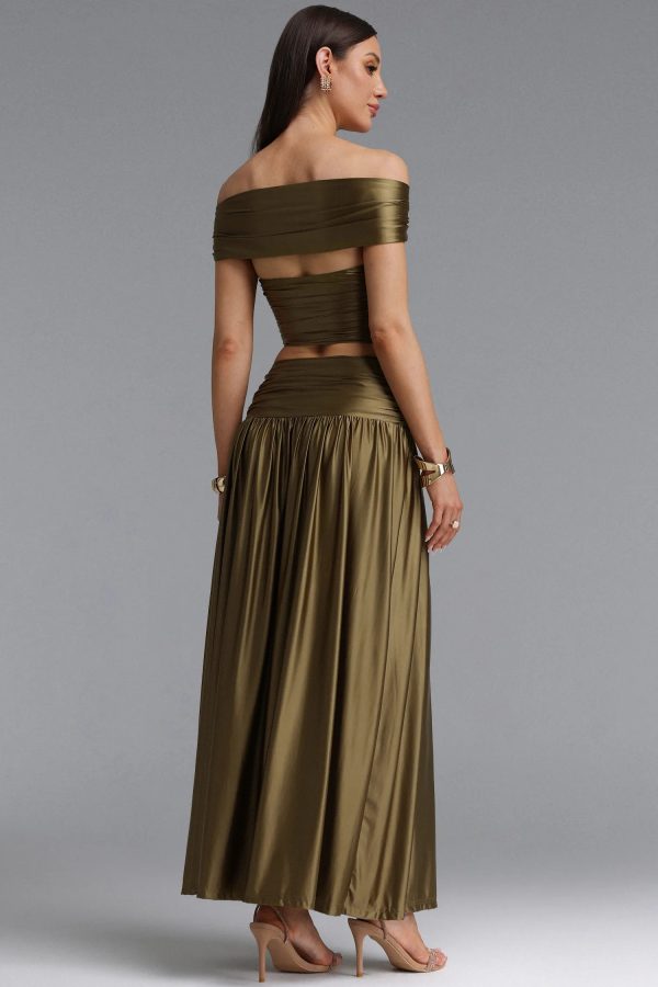 pravena off shoulder ruched skirt set in green 16