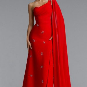 presley one shoulder rhinestone slit bandage maxi dress in red 11