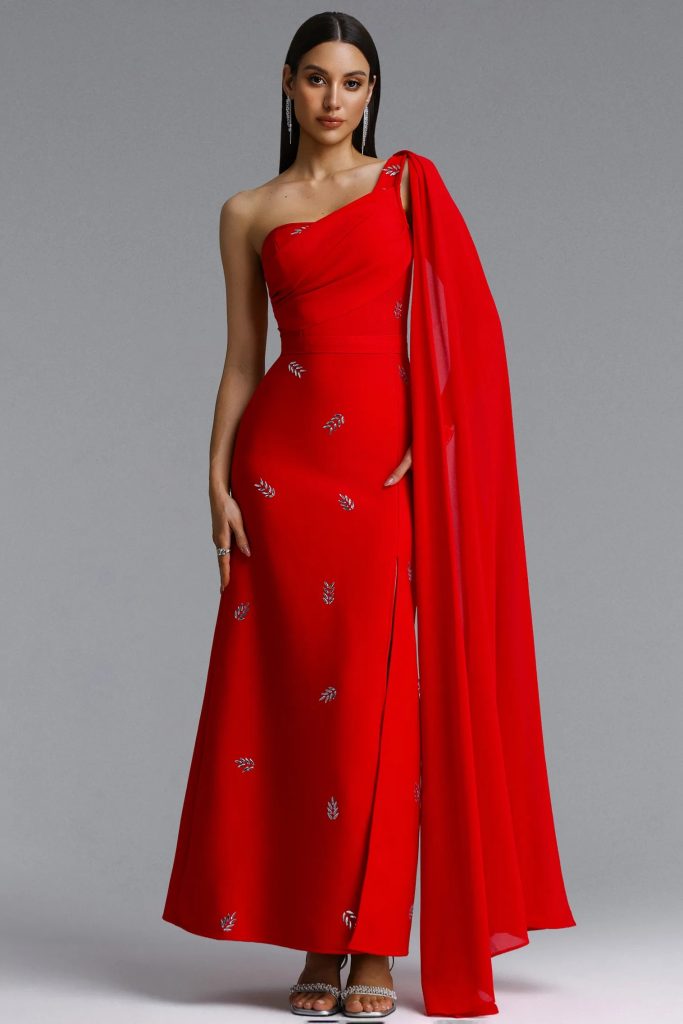 presley one shoulder rhinestone slit bandage maxi dress in red 11