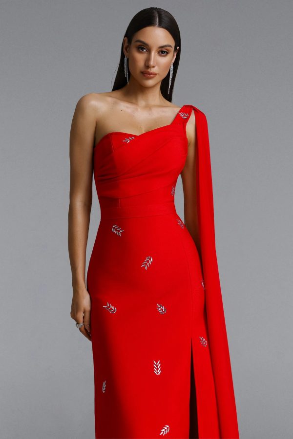 presley one shoulder rhinestone slit bandage maxi dress in red 12