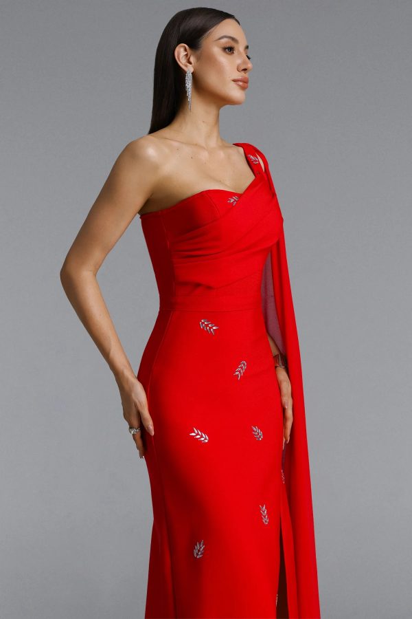 presley one shoulder rhinestone slit bandage maxi dress in red 14