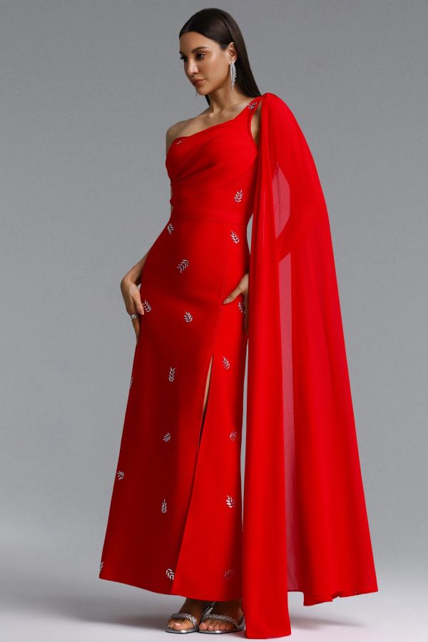 presley one shoulder rhinestone slit bandage maxi dress in red 15