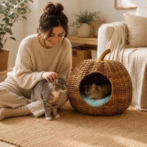 pumpkin shaped woven cat cave bed 11