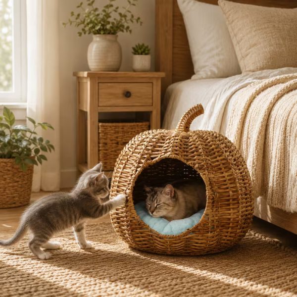 pumpkin shaped woven cat cave bed 12