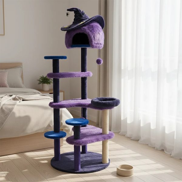 purple halloween cat tree with witch hat bed 14