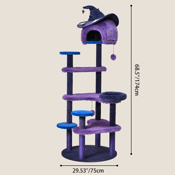 purple halloween cat tree with witch hat bed 16